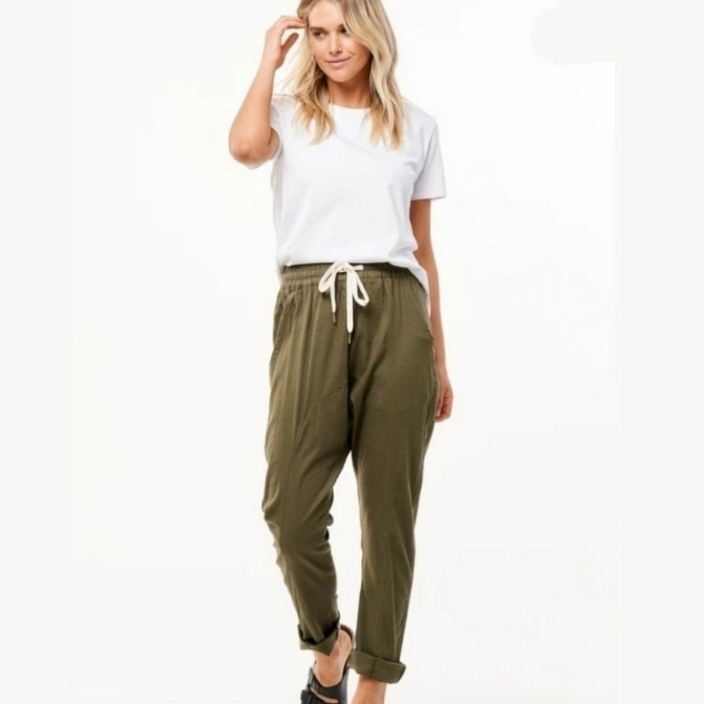 Blank NYC Roll The Dice Army Green Linen Blend Drawstring Pull-on Jogger Pants